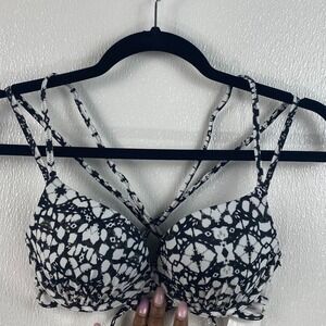 Shade & Shore Womens Push Up Bikini Top Black White Strappy Back 34B New